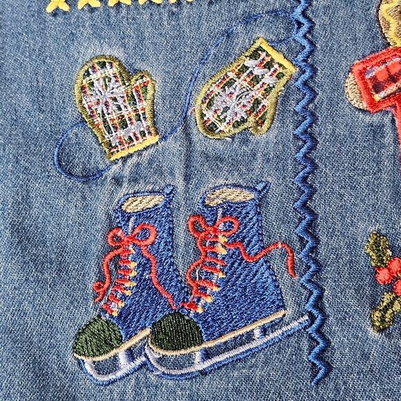 Bobbie Brooks Vintage Embroidered Christmas Button Front Chambray Blouse - Picture 6 of 12